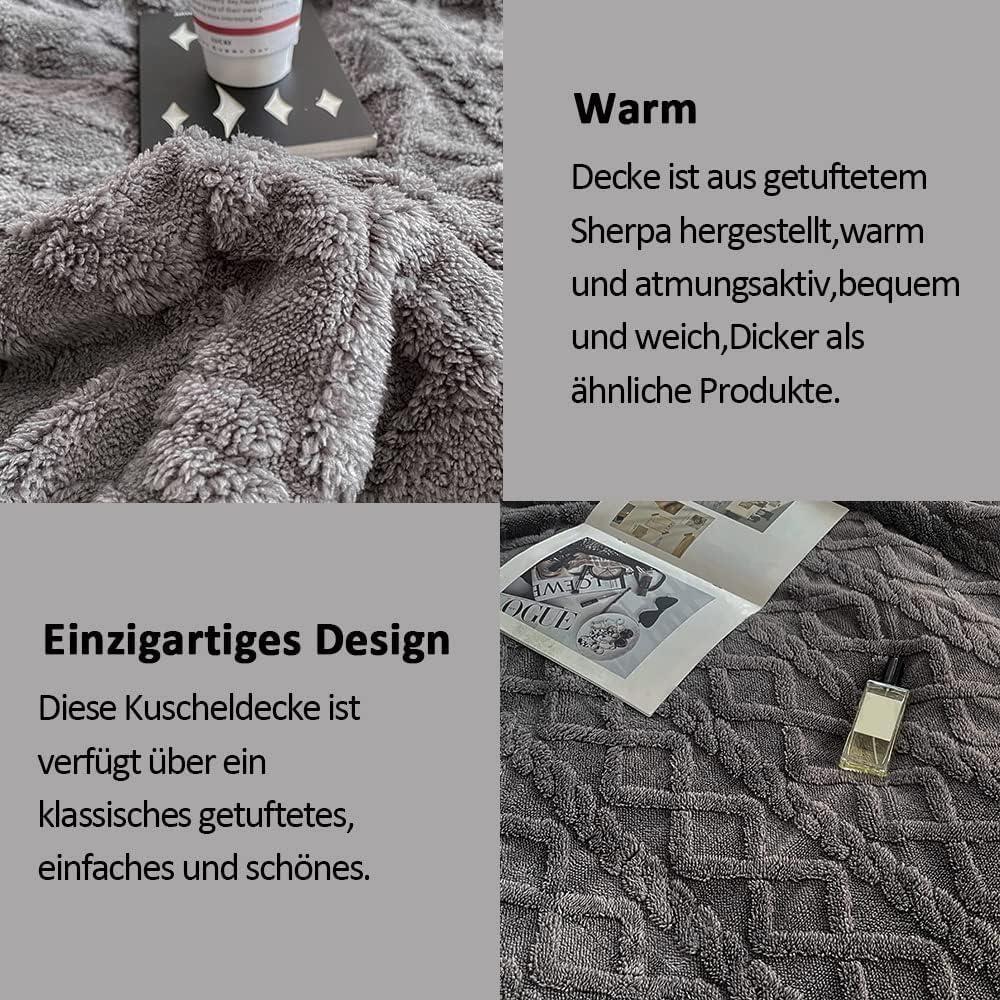 WONGS BEDDING Cuddly Blanket, 150 x 200 cm, Fluffy Sherpa Blanket, Sofa Throw, Fleece Blanket, Thick Sofa Blanket, Double Face, Extra Warm and Soft Couch Blanket, Grey Blankets – Bild 4