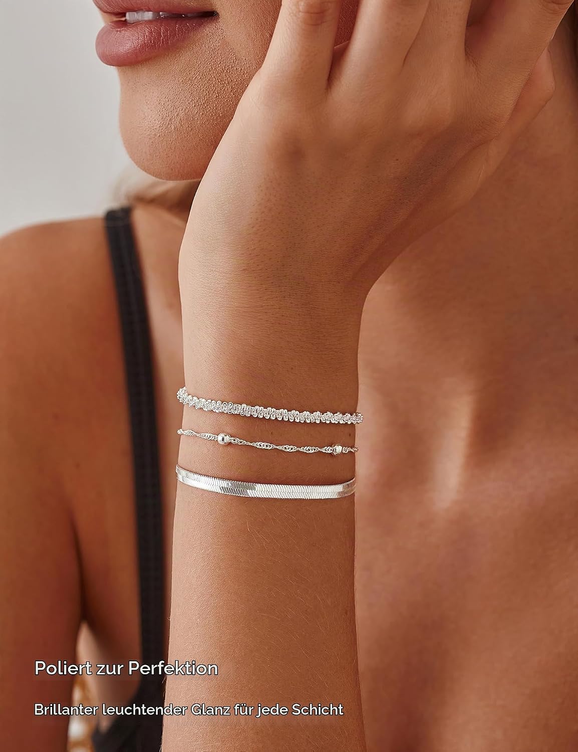 3 Pieces Bracelet Silver 925 Women's Stackable Bracelets Set Adjustable Bracelet Snake Chain Bracelets for Women Silver Bracelet Jewellery with Gift Box – Bild 2