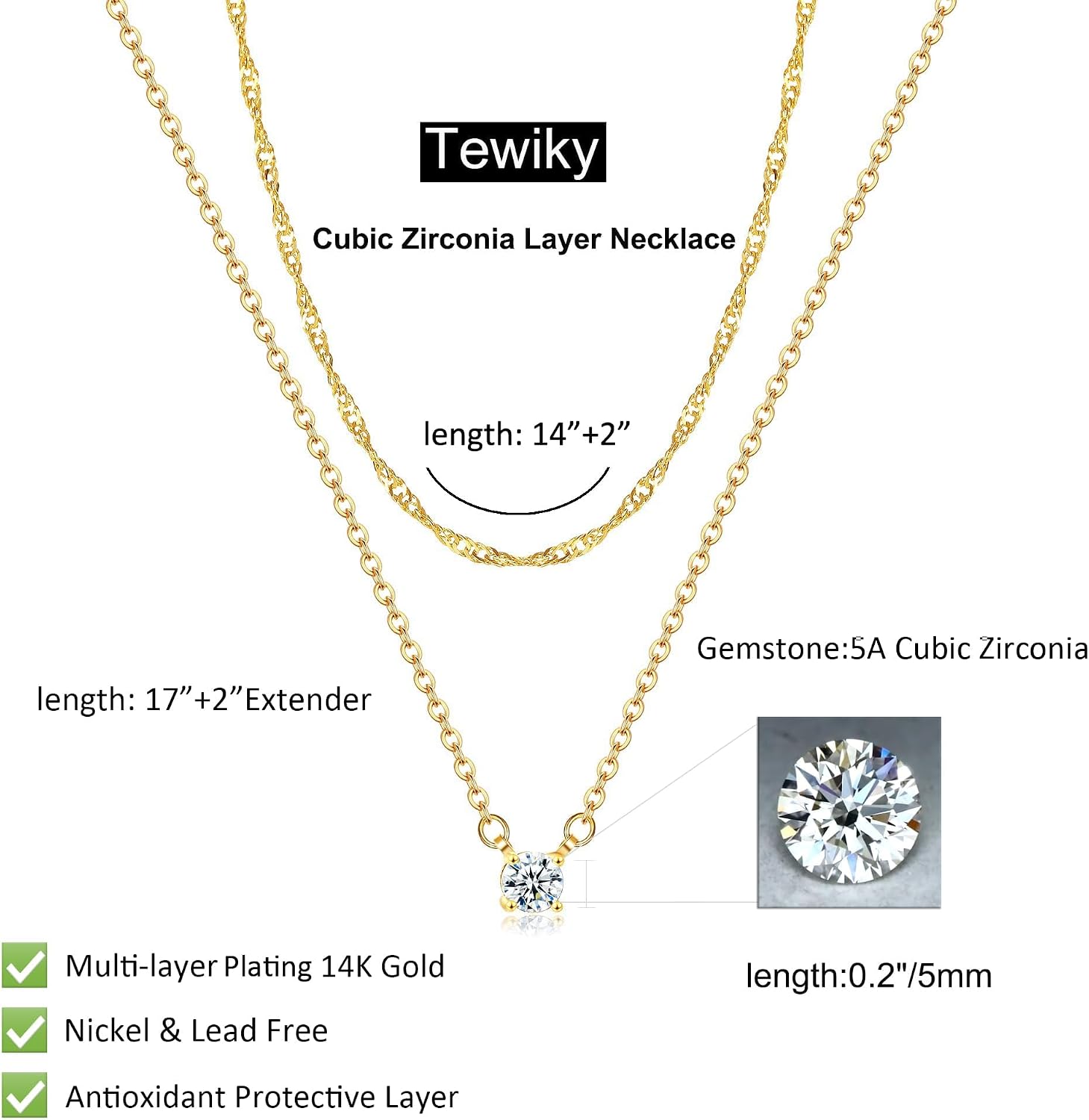 Tewiky Layering Halskette Damen, 925 Silber, Goldkett CZ Anhänger Set – Bild 6
