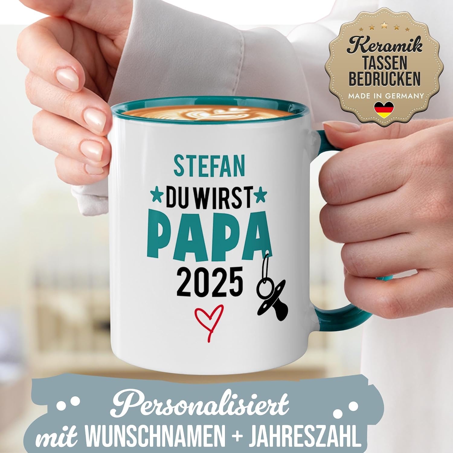 Tassendruck Baby News Mug with Name & Year Design Yourself – Du wirst Papa – Personalised Gift for Pregnancy for Expecting Father – Ceramic Mug, 300 ml, Inner and Handle Turquoise – Bild 5