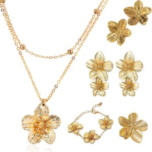 AHEJIOO Women’s Gold Jewellery Set, Vintage Flower Necklace, Bracelet, Ring and Statement Earrings, Gold Jewellery Flower Earrings Gold for Wedding Party, Golden Earrings Women’s Gift Idea