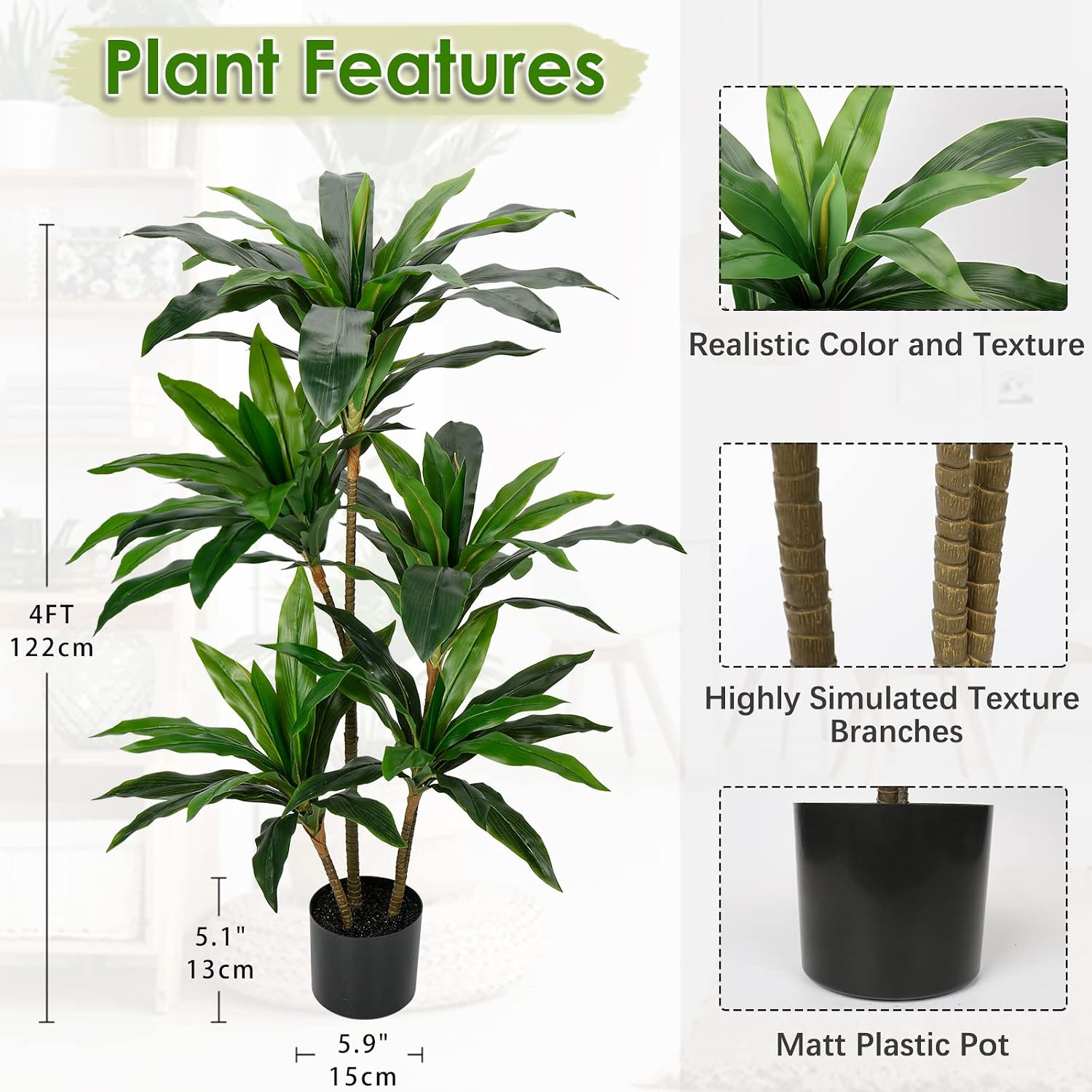 Dracaena Fragans Large Plants in Pot Artificial Plants 120 cm, Decorative Plant Indoor Plant with Pots, Artificial Plants Like Real with Durable Trunks and Lifelike Leaves for Living Room Office – Bild 2