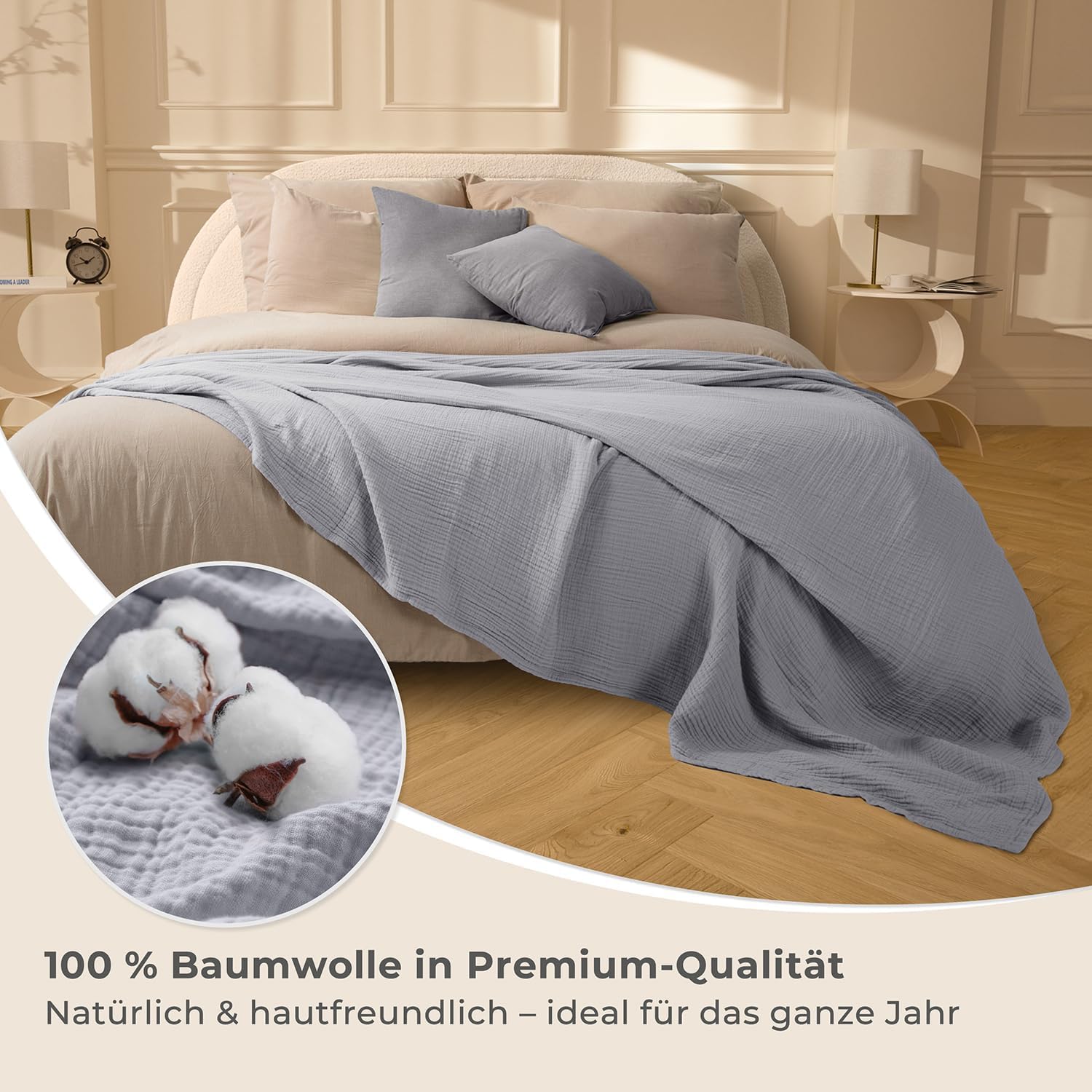 LAYNENBURG Premium Muslin Bedspread 150 x 200 cm - 100% Cotton - Extra Soft, Lightweight Summer Blanket as Cuddly Blanket, Bed Throw, Cotton Blanket, Couch Throw - Warm Sofa Blanket (Grey) – Bild 4