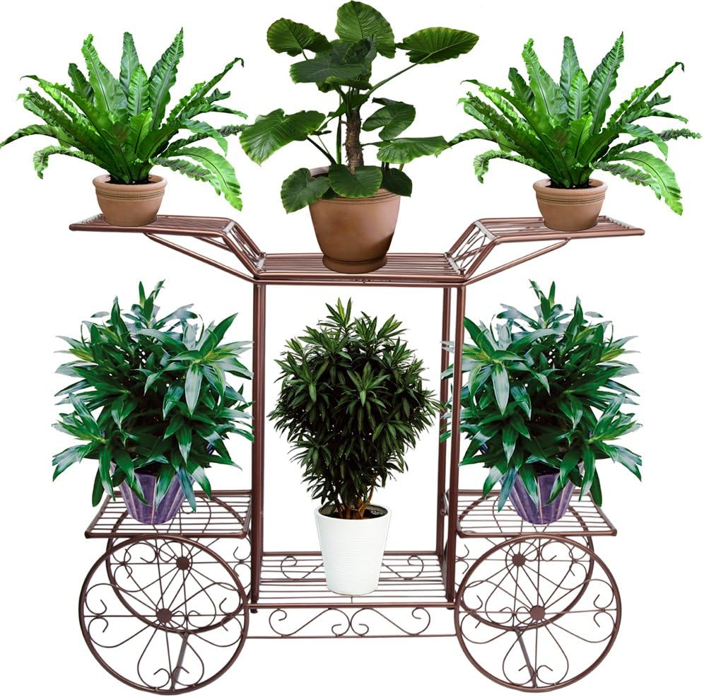 FullBerg 2-Tier Metal Flower Shelf for Plants and Hanging Basket, Four Wheel Drive Flower Stand for Indoor Balcony, Living Room, Plant Stairs, Flower Stairs, Garden Shelf, Outdoor Decoration, Antique Bronze