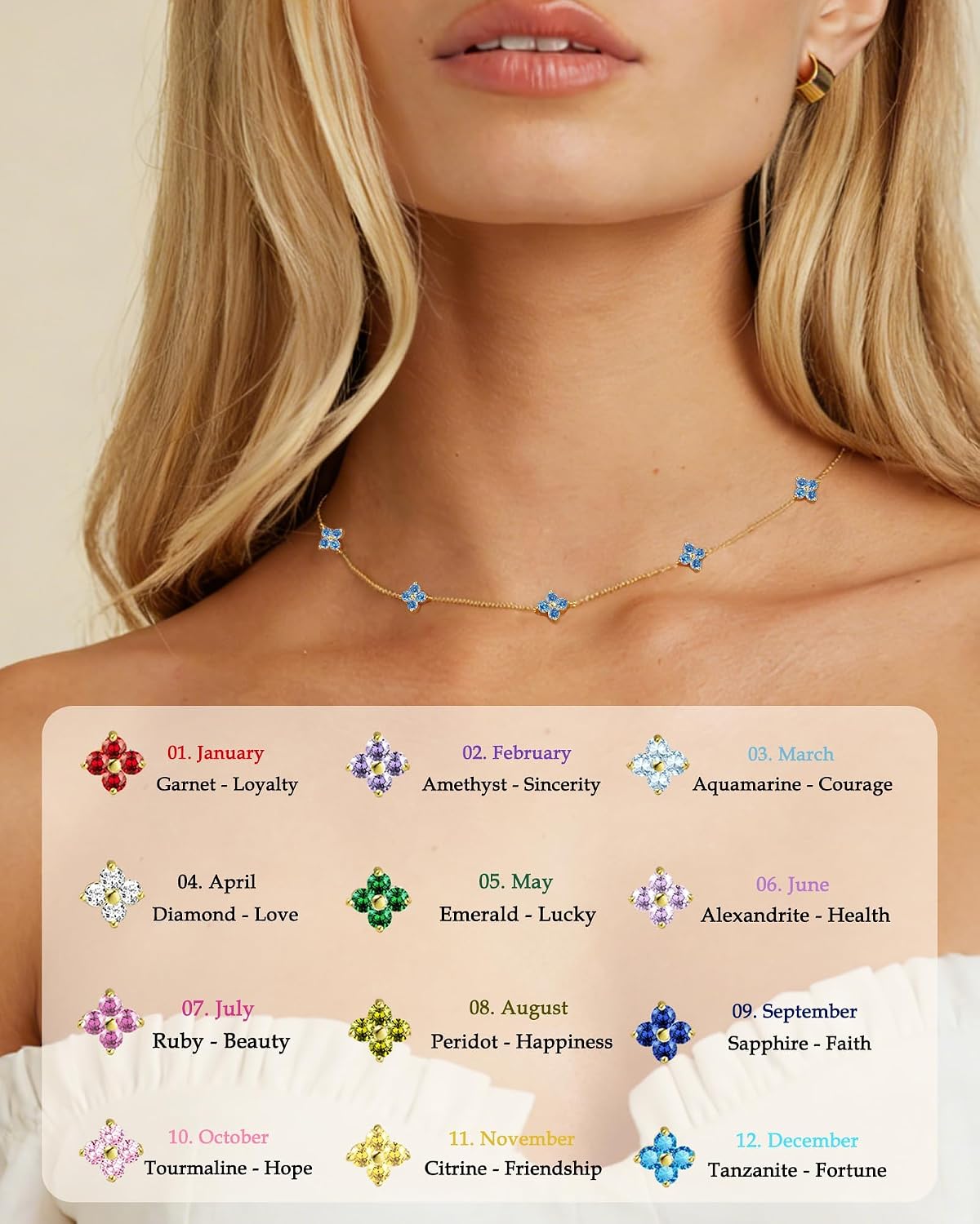 FUNEIA Women's Gold Necklace 18 Carat Gold-Plated with Birthstone Pendant Waterproof Gold Chain with Clover Leaf Adjustable Golden Chain for Girlfriend Women Girls Gold Jewellery Birthday Gift – Bild 4