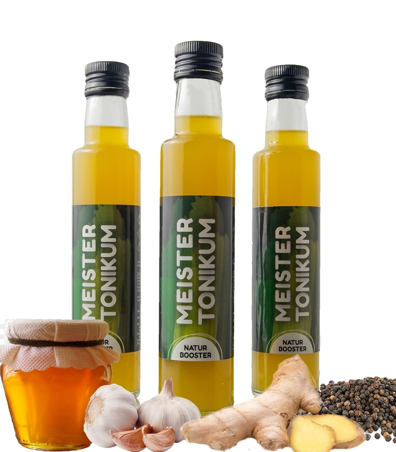 Meistertonikum Organic Vinegar from Superfoods 3 x 250 ml - Natural Vital Drink Smoothie with Turmeric, Lemon, Garlic, Ginger and More - Ideal Salad Dressing - Immune Booster Shot