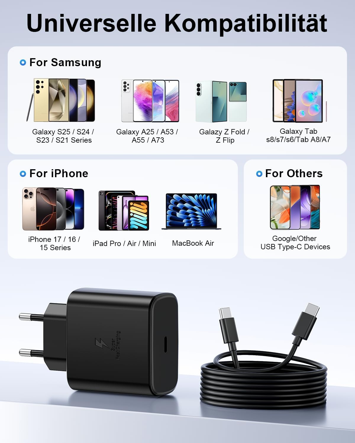 45 W USB C Charger for Samsung, 2 Pack Mobile Phone Quick Charger with 2 m Charging Cable, Type C Fast Charger for Samsung Galaxy S26 S25 S24 S23 Ultra 5G A56, iPhone 17 16 15.45 W Charger Super Fast – Bild 7