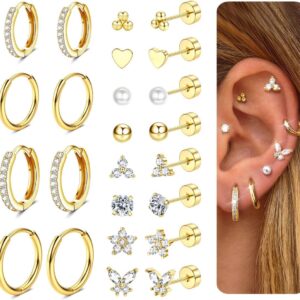 CASSIECA 12 Pairs of Earrings Gold Silver Set, 316L Surgical Steel Earrings for Women Men Medical Stud Earrings and Hoop Earrings for Multiple Piercing 14K Gold-Plated Helix Tragus Piercing Ear Gold