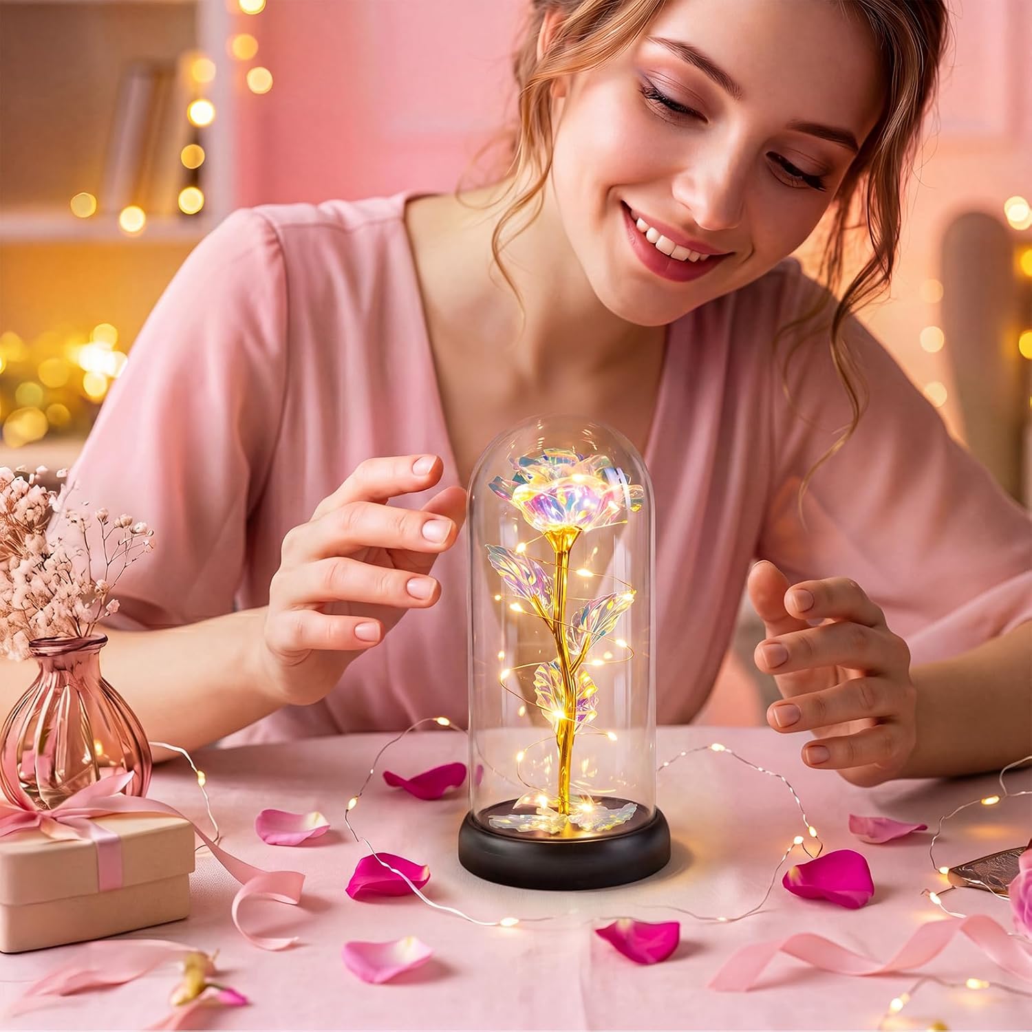Otlonpe Flower Gifts for Women, Mother's Day Gifts for Mum, Birthday Gift for Women, Mum, Girlfriend, Grandma, Eternal Rose in Glass with LED Light, Mother's Day Gift for Mum Grandma (Rainbow) – Bild 3