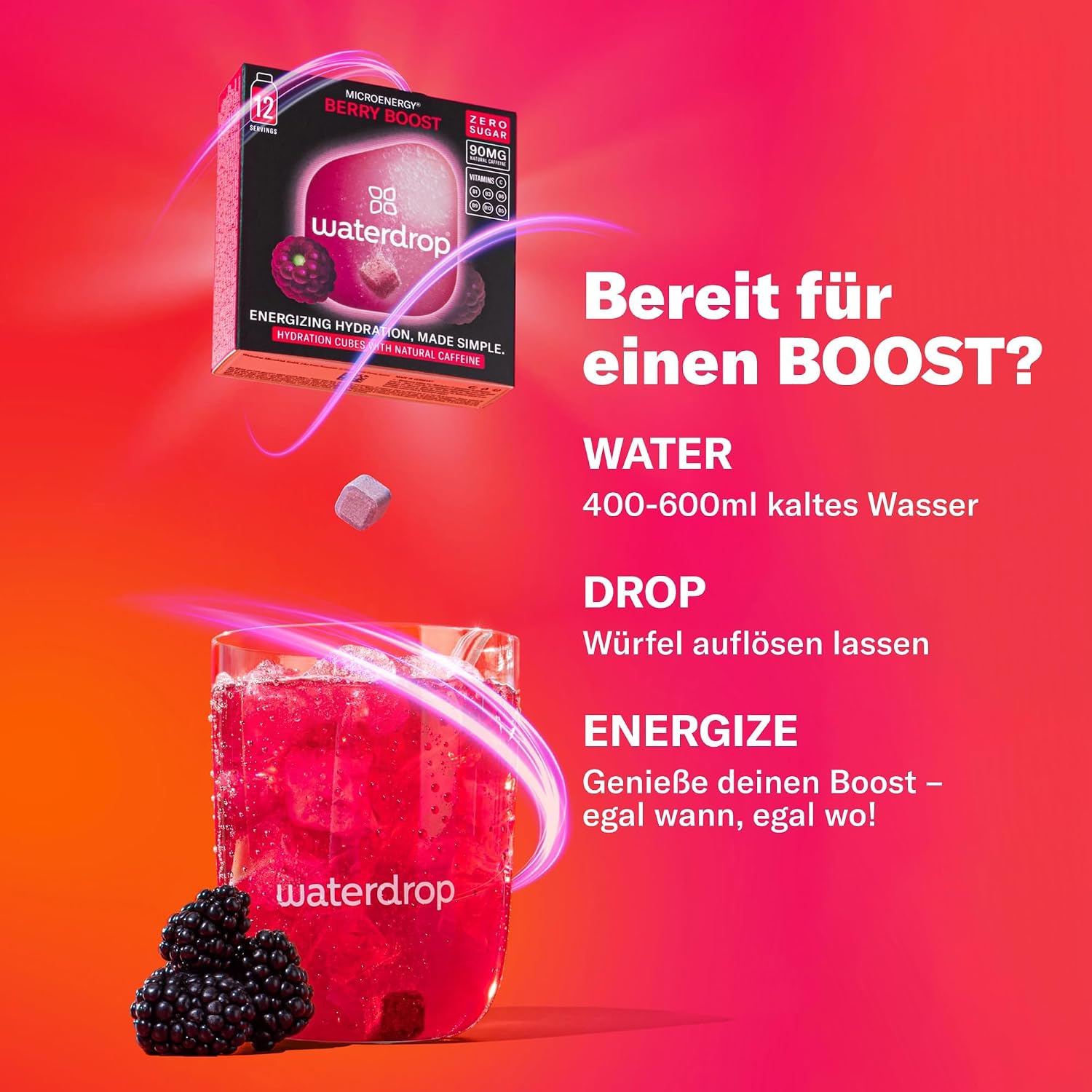 Waterdrop Microenergy Set, Energy Drink Powder, 36 Cubes Drink Powder, Mango, Cherry & Blackberry Flavour, Sugar-Free & Low Calorie with 90 mg Natural Caffeine, Vitamin C & B - Flavour Drops – Bild 7