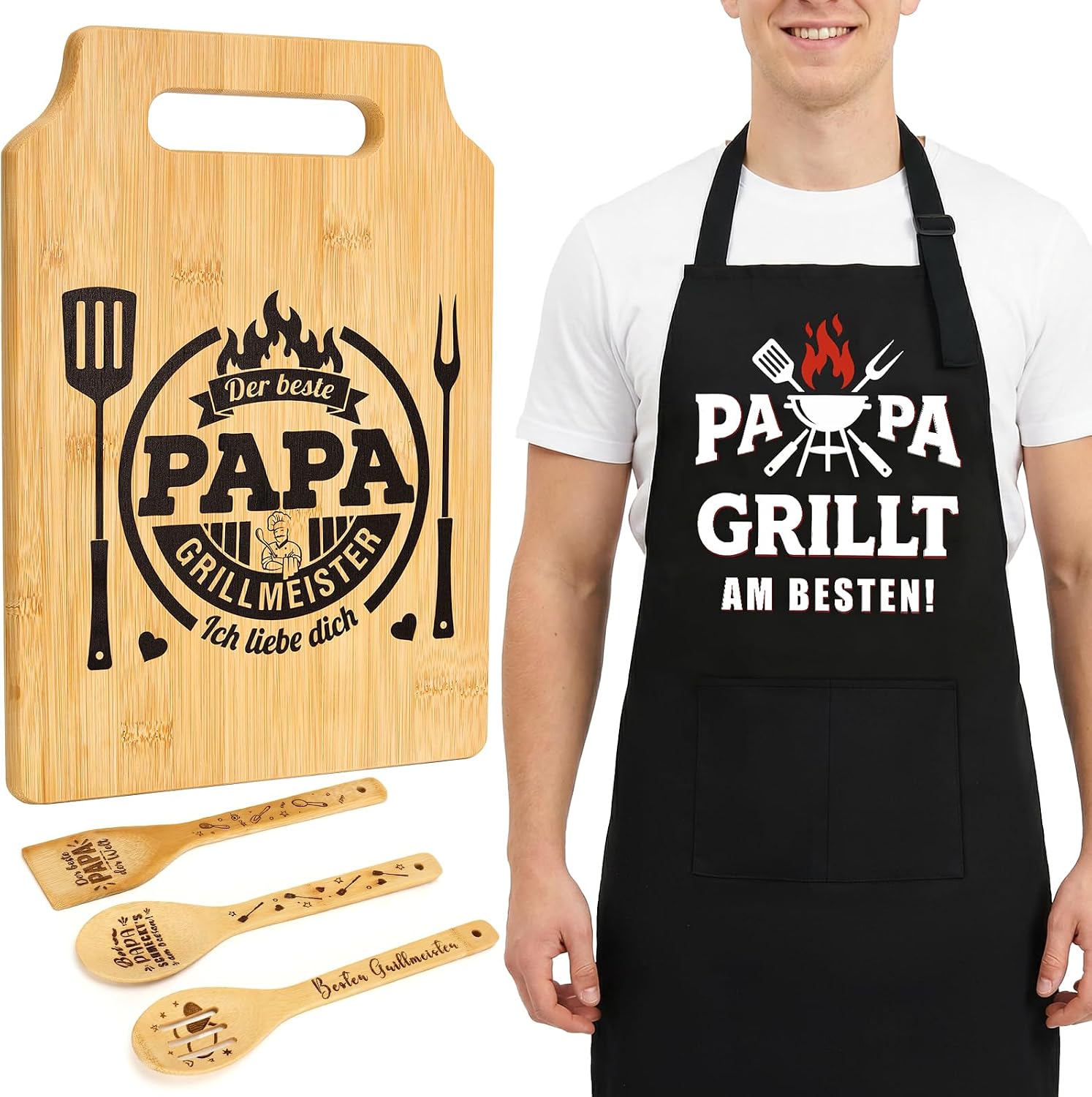 Dad Gift Set - Engraved Bamboo Chopping Board with Personalised Apron and 3 Wooden Spoons, Best Dad Gift Birthday, Father's Birthday Gift, Gifts for Father's Day, Housewarming