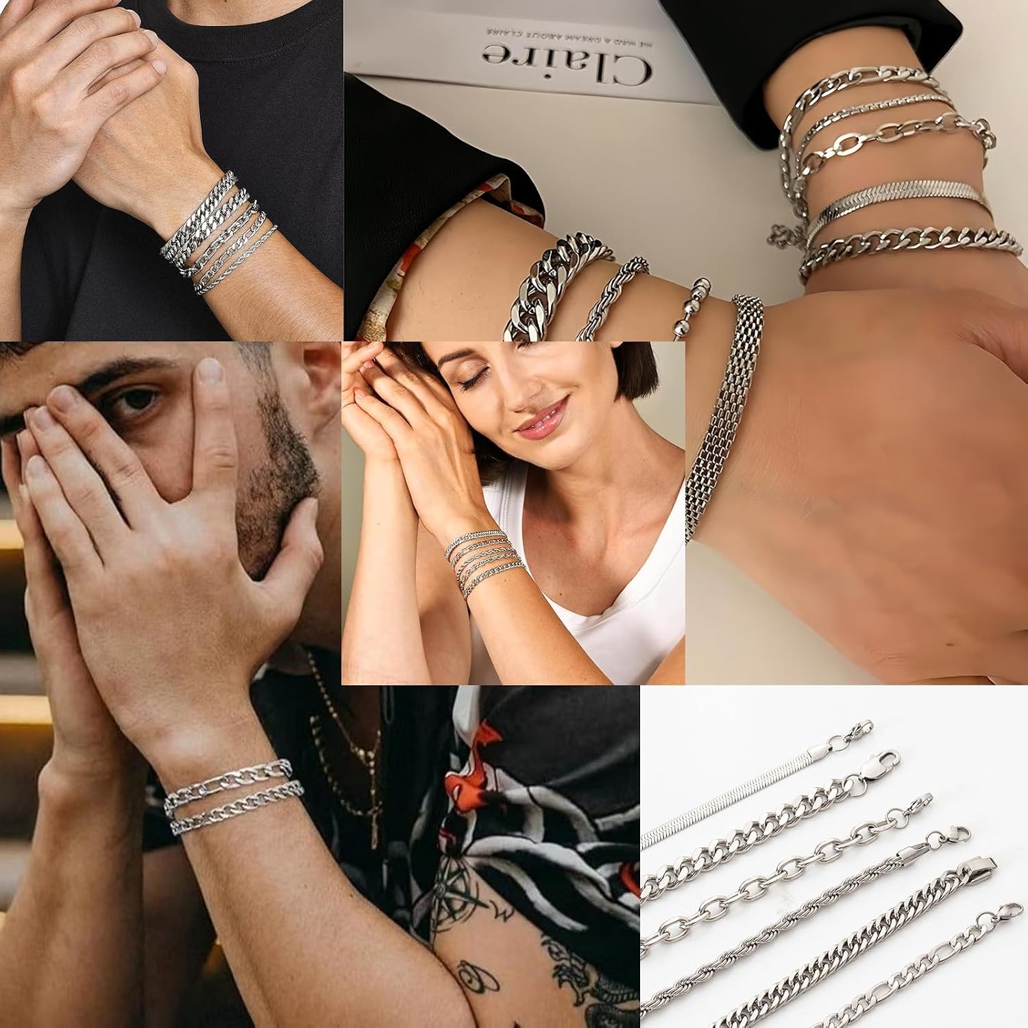 6 Pieces Silver Men's Bracelet Curb Chain, Men's Bracelets for Men Cuban Figaro, Cuban Men's Bracelet Jewellery Set, Jewellery Gifts for Dad, Boyfriend, Husband, Son, Length 22 cm – Bild 7