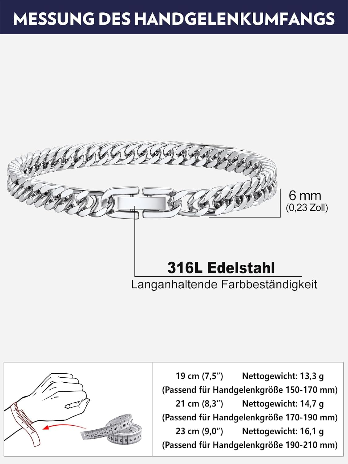 Bandmax Men's Bracelet Stainless Steel Curb Bracelet 6/8/12/17 mm Solid Cuban Link Bracelet 19/21/23 cm Heavy Curb Chain Bracelet with Folding Clasp Men's Bangle Jewellery for Birthday Father's Day – Bild 7