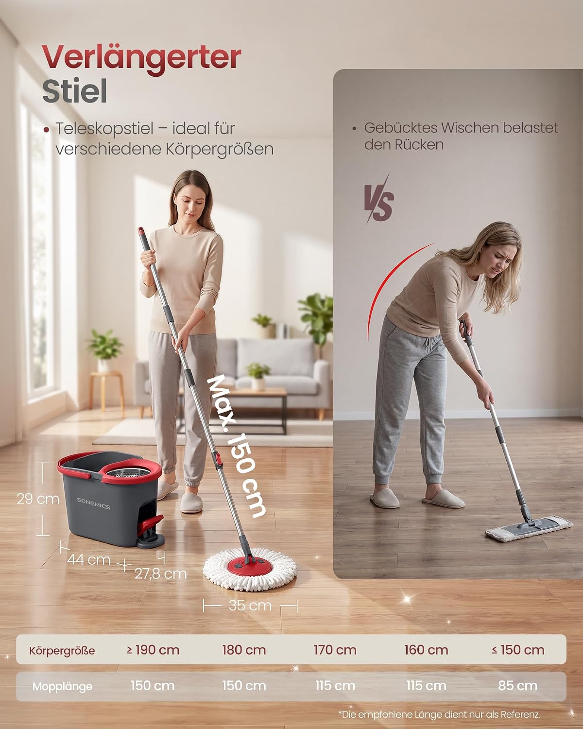 SONGMICS Mop Set with Bucket, Floor Mop with Spinner, Cleaning Bucket with Pedal and Wring Function, Telescopic Handle 122.5-150 cm, 360° Rotating Head, 1 Microfibre Cover, Grey/Red LMB002GT01 – Bild 6