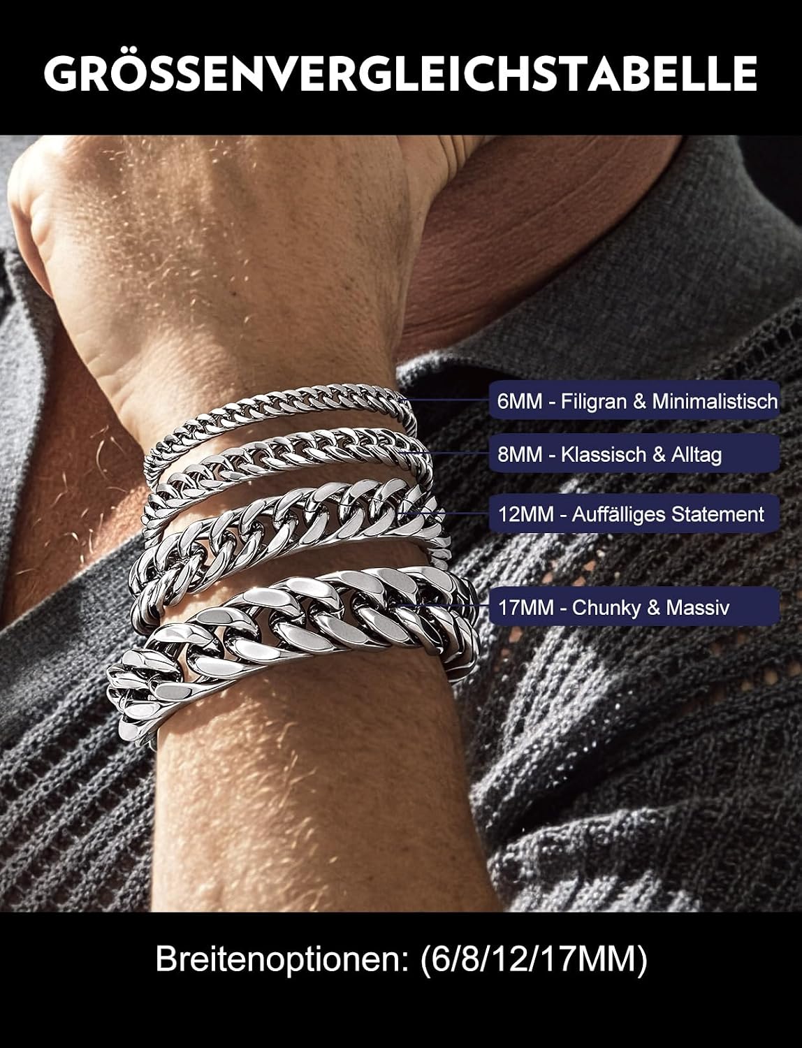 Bandmax Men's Bracelet Stainless Steel Curb Bracelet 6/8/12/17 mm Solid Cuban Link Bracelet 19/21/23 cm Heavy Curb Chain Bracelet with Folding Clasp Men's Bangle Jewellery for Birthday Father's Day – Bild 6