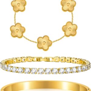 3 Piece Clover Bracelet Women’s Gold, 18K Stackable Five-Leaf Clover Jewellery Set, Necklace Tennis Bracelets, Stainless Steel Bangle Cubic Zirconia, Lucky Symbol Gifts, Everyday Life, Birthdays