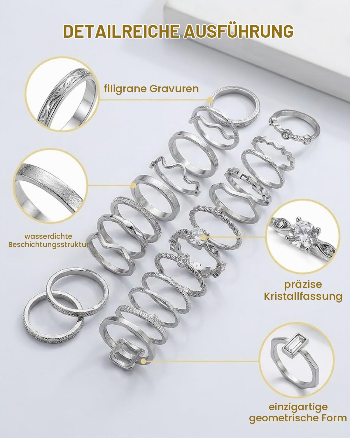 Pack of 22 Waterproof Silver Gold-Plated Stackable Statement Rings for Women, Chic Finger Ring Set (Silver) – Bild 5