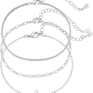 Women's Bracelet, 925 Sterling Silver Bracelet, Set of 3, Adjustable, Stackable, Figaro Beads, Chains, Bracelets, Jewellery Gifts for Women