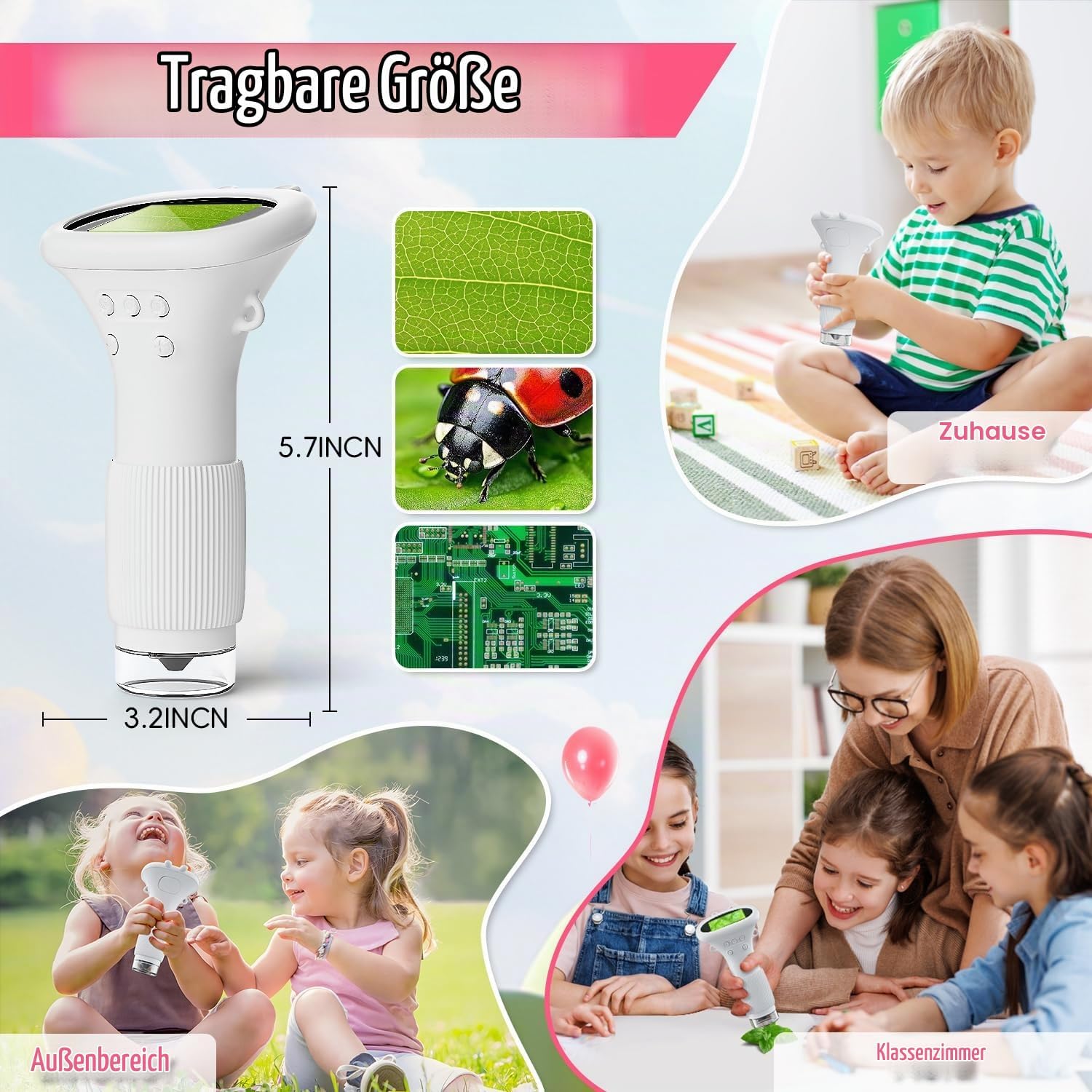 Microscope for Children, Ahalfcit Digital Microscope with 2 Inch Screen - 1000X Zoom Portable Microscope, Scientific Educational Toy Gift for 3-12 Years Old Children White – Bild 7