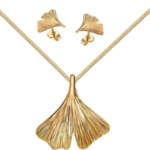 Gold 750 Jewellery Set Ginkgo Gold Pendant and 2 x Stud Earrings for Women with Chain or without Chain + Jewellery Case + Certificate