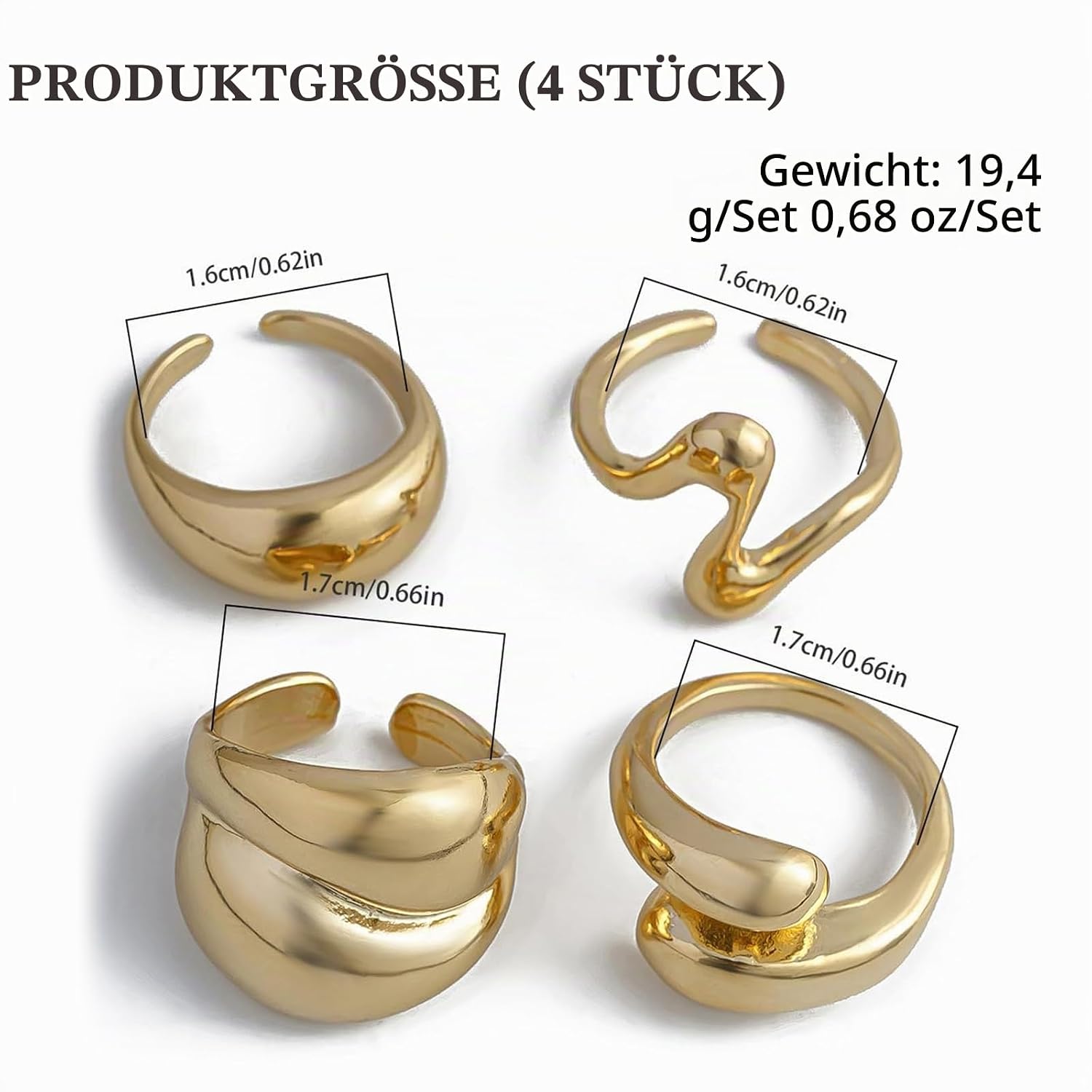 Set of 4 Gold Women's Chunky Rings, Waterproof Rings, Gold-Plated Stackable Statement Rings, Gold Jewellery – Bild 3