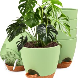 6 Packs Flower Pot, Plant Pot, Self-Watering 15.2 cm, with Brown Saucer, Watering Opening, Cotton Cord, Suitable for Indoor and Outdoor Gardens