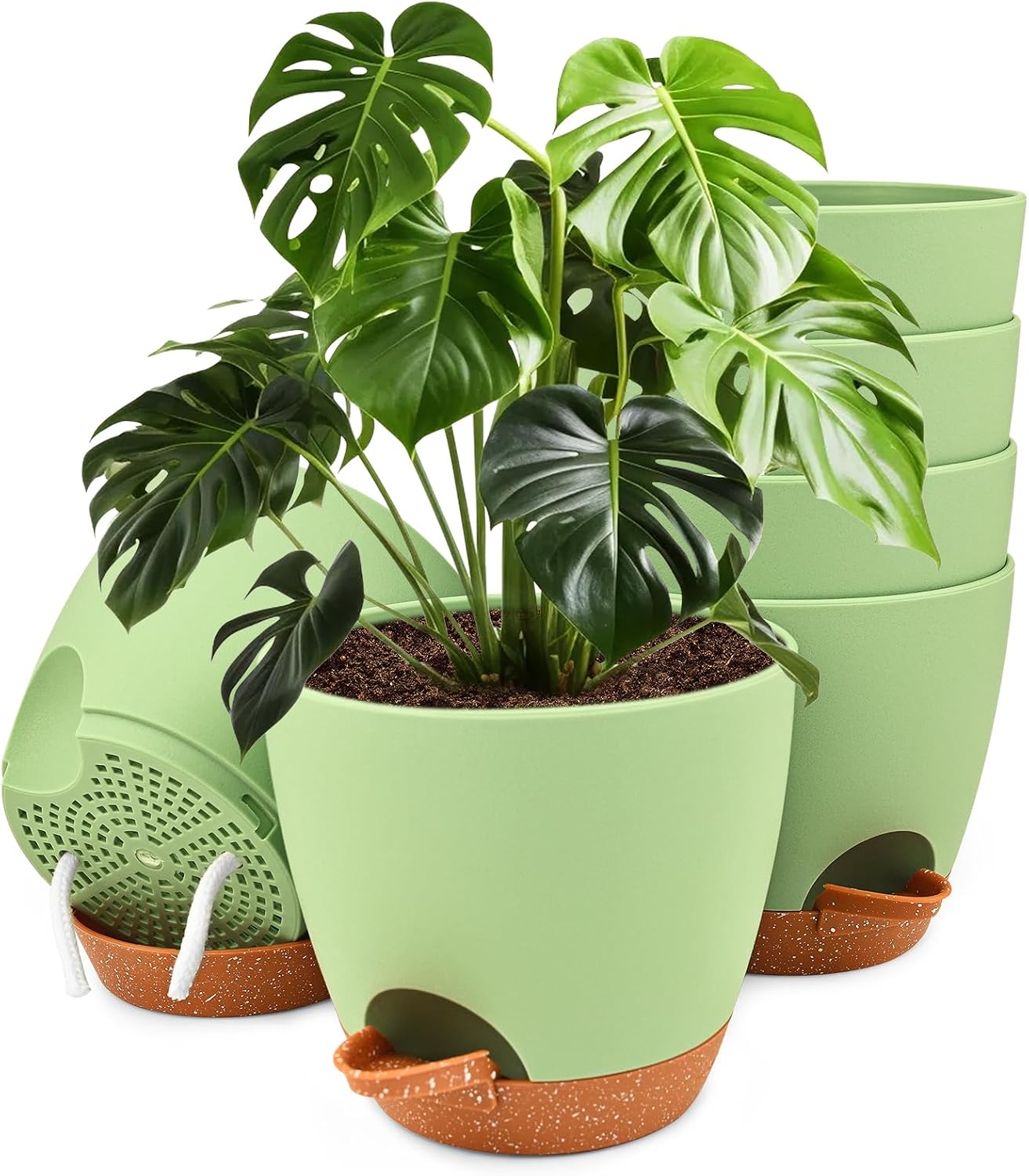 6 Packs Flower Pot, Plant Pot, Self-Watering 15.2 cm, with Brown Saucer, Watering Opening, Cotton Cord, Suitable for Indoor and Outdoor Gardens