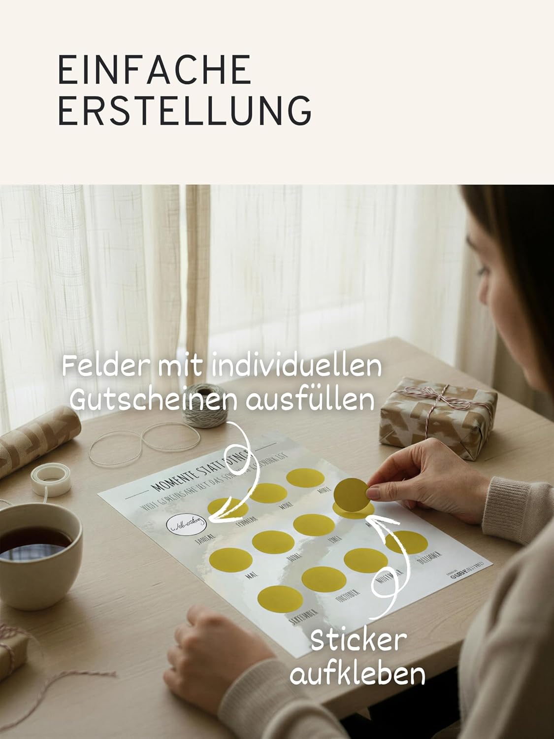 “Momente statt Dinge” Voucher Calendar, A4 with 12 Gold Scratch Stickers, “Time Instead of Stuff” Gift, Date Calendar for Couples & Friends, All Year Round, Personalised, Sage Grey – Bild 4