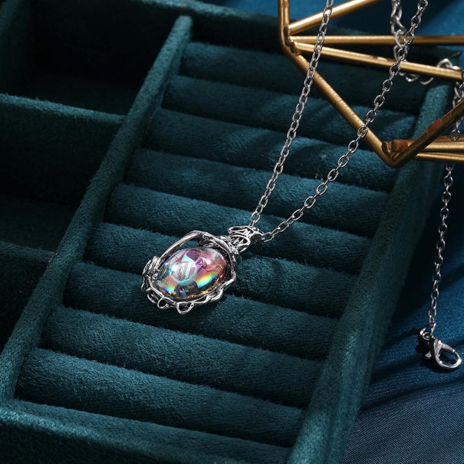 Silver Opal Necklace Vintage Teardrop Moonstone Pendant Necklace Dainty Water Drops Birthstone Choker Necklace Statement Fashion Jewellery For Women Girls – Bild 3