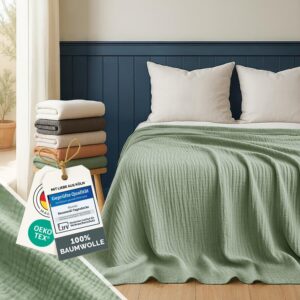 Blumtal Cotton Bedspread 150 x 200 cm – Muslin Blanket Oeko-Tex Certified – Bed Throw 150 x 200 cm – Couch Throw – Lightweight 100% Cotton Blanket – Cover Bed – Couch Blanket – Bedspread Green