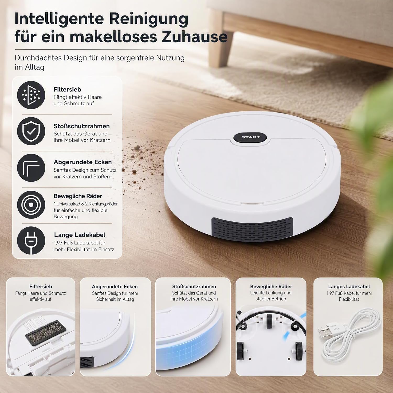 3-in-1 Mop Function Robot Vacuum Cleaner, 500 Pa 30 Min Running Time Plastic White Robot Vacuum Cleaner Robot Mop Robot Sweeper with Suction Station for Hard Floors Wood Marble – Bild 6
