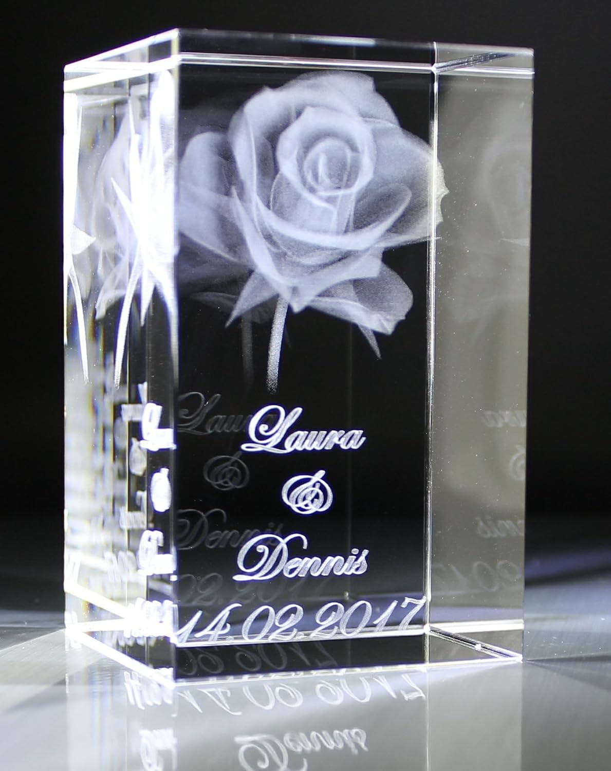 VIP-LASER 3D XL Glass Crystal Cuboid - Rose with Two Names and Date in Portrait Format - For People You Love! – Bild 5