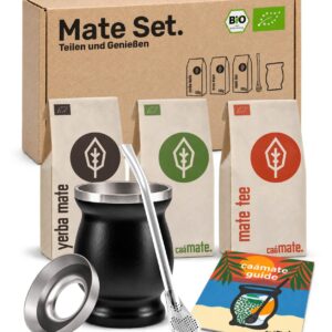 Mate Tea Set Organic ● 3 Mates + Double-Walled Stainless Steel Mate Cup + Bombilla + Preparation Instructions (Black)