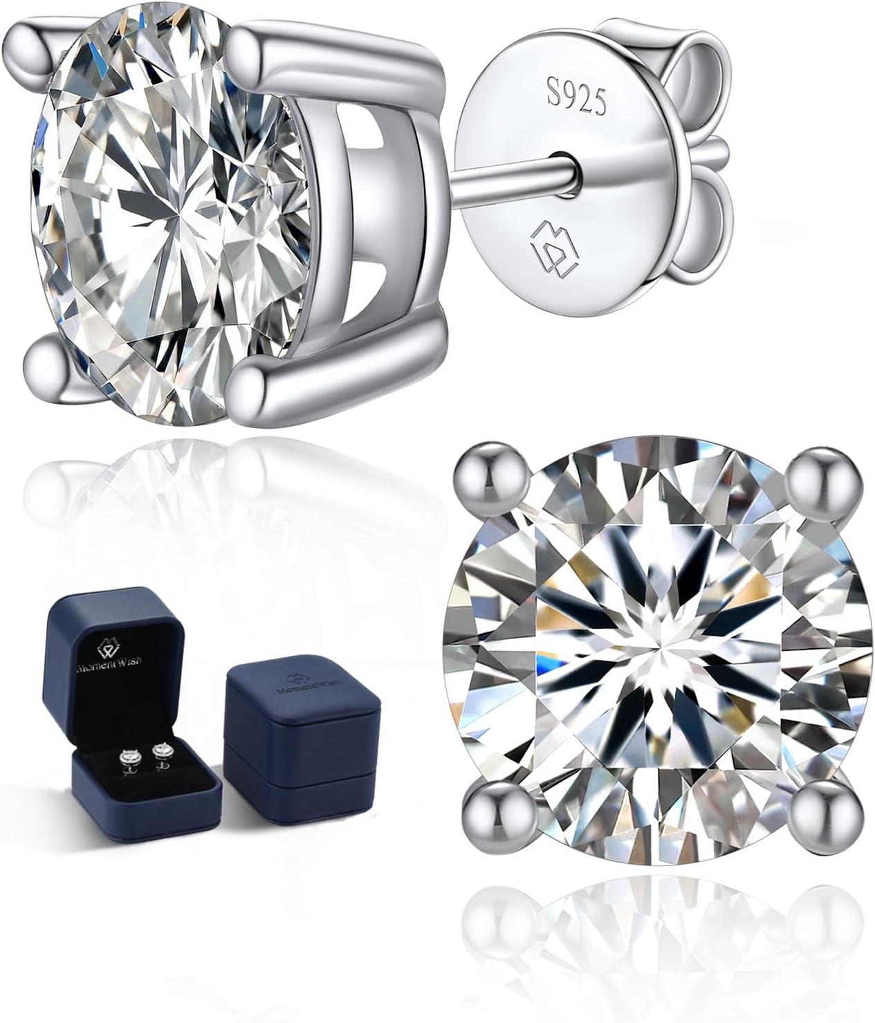 MomentWish Moissanite Diamond Stud Earrings 925 Silver / Gold 585, 1–4 Carat, Genuine Silver, Hypoallergenic VVS1 D Colour with GRA Certificate, Earrings Gift for Men Women 5/6.5/8 mm