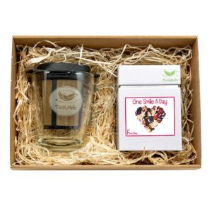 TEALAVIE Tea Gift Set – TeaForOne Smile A Day | Stylish Tea Glass with Permanent Filter and Exclusive Tea Canister – 100 g Fruit Tea – Tea for One Set – Always Fits 2026