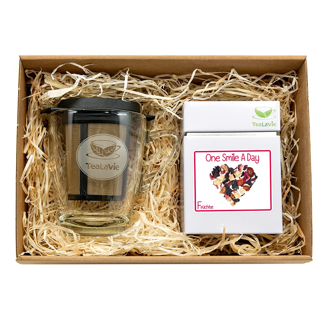 TEALAVIE Tea Gift Set - TeaForOne Smile A Day | Stylish Tea Glass with Permanent Filter and Exclusive Tea Canister - 100 g Fruit Tea - Tea for One Set - Always Fits 2026