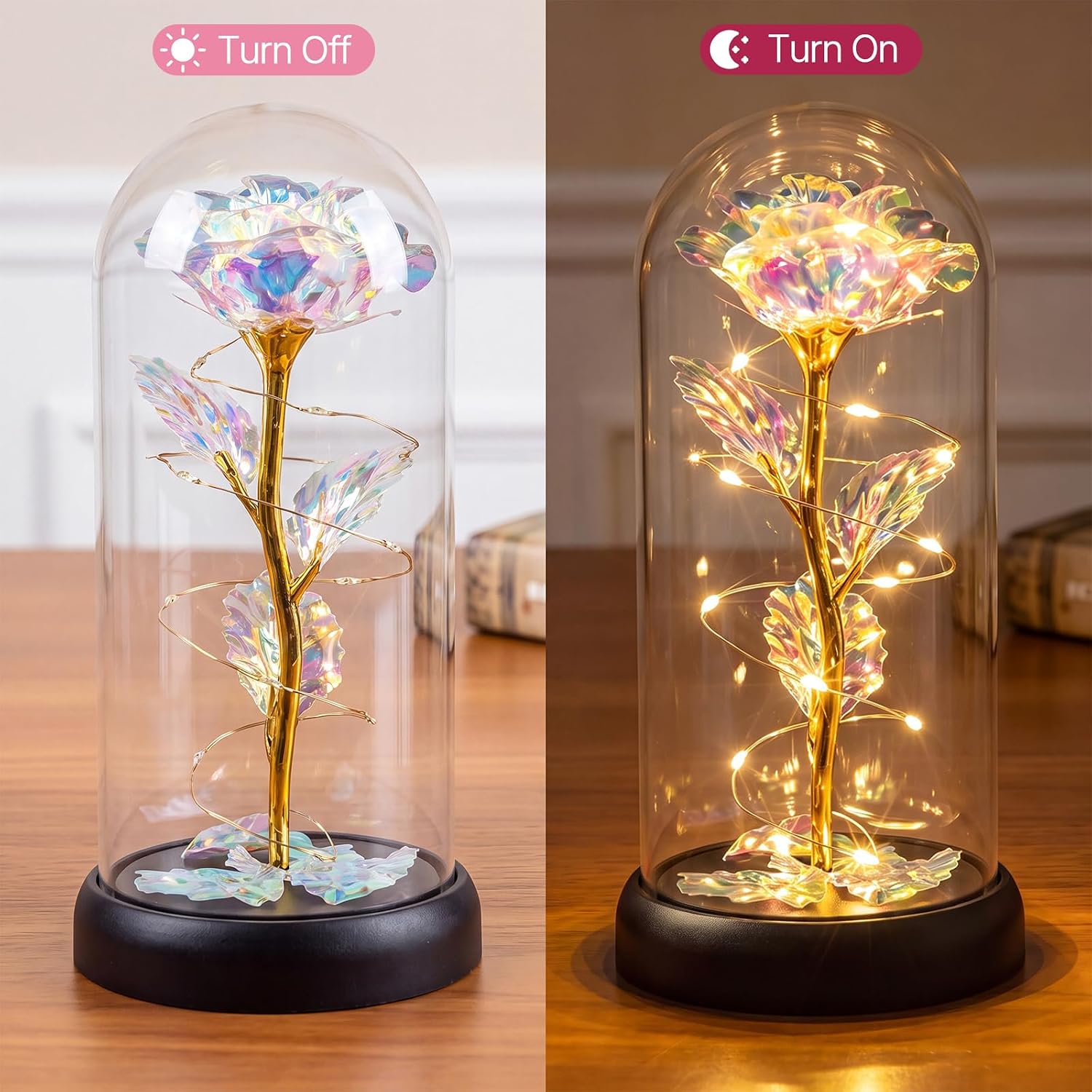 Otlonpe Flower Gifts for Women, Mother's Day Gifts for Mum, Birthday Gift for Women, Mum, Girlfriend, Grandma, Eternal Rose in Glass with LED Light, Mother's Day Gift for Mum Grandma (Rainbow) – Bild 2