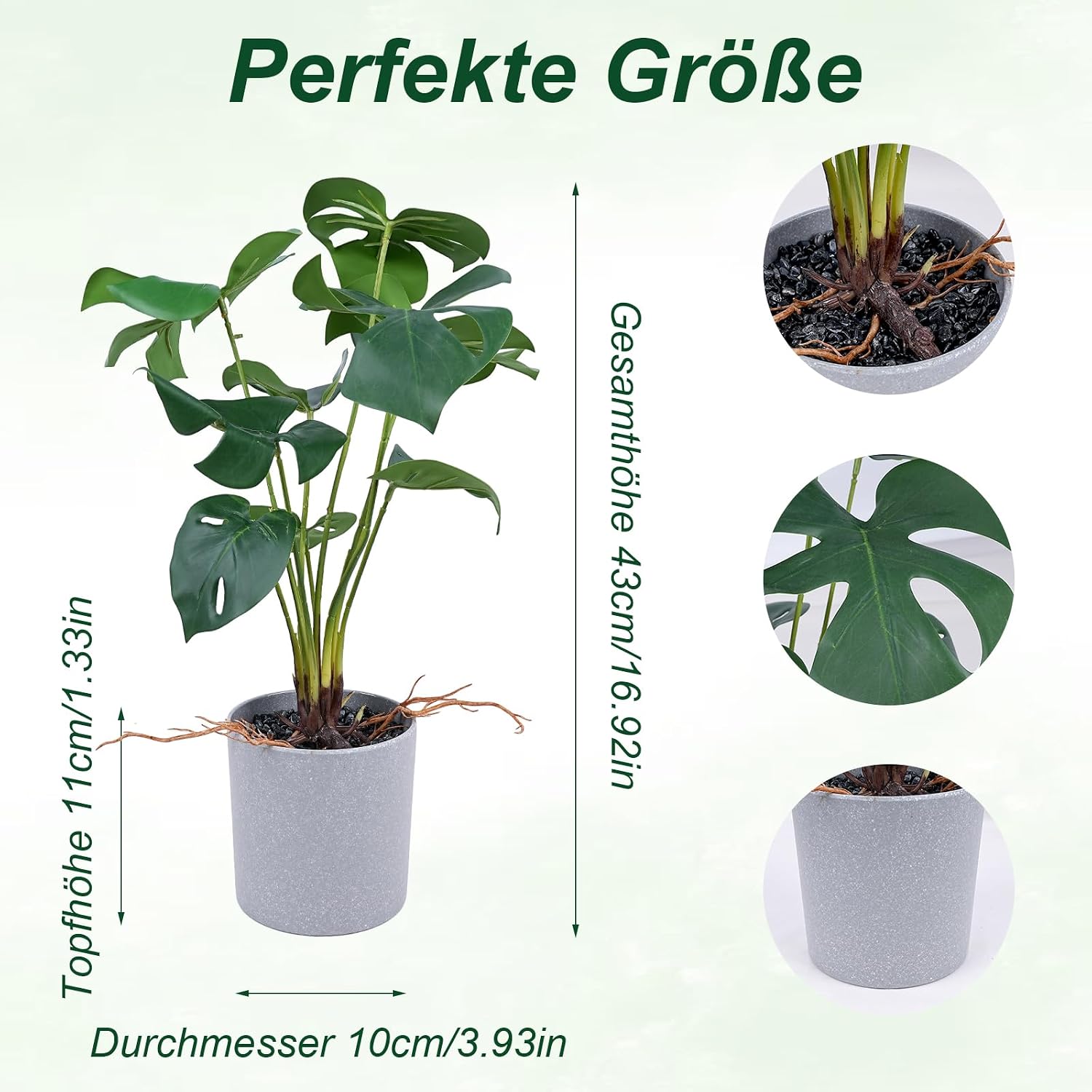 Artificial Monstera Plant 43 cm in Grey Pot 9 Leaves Realistic – Bild 2