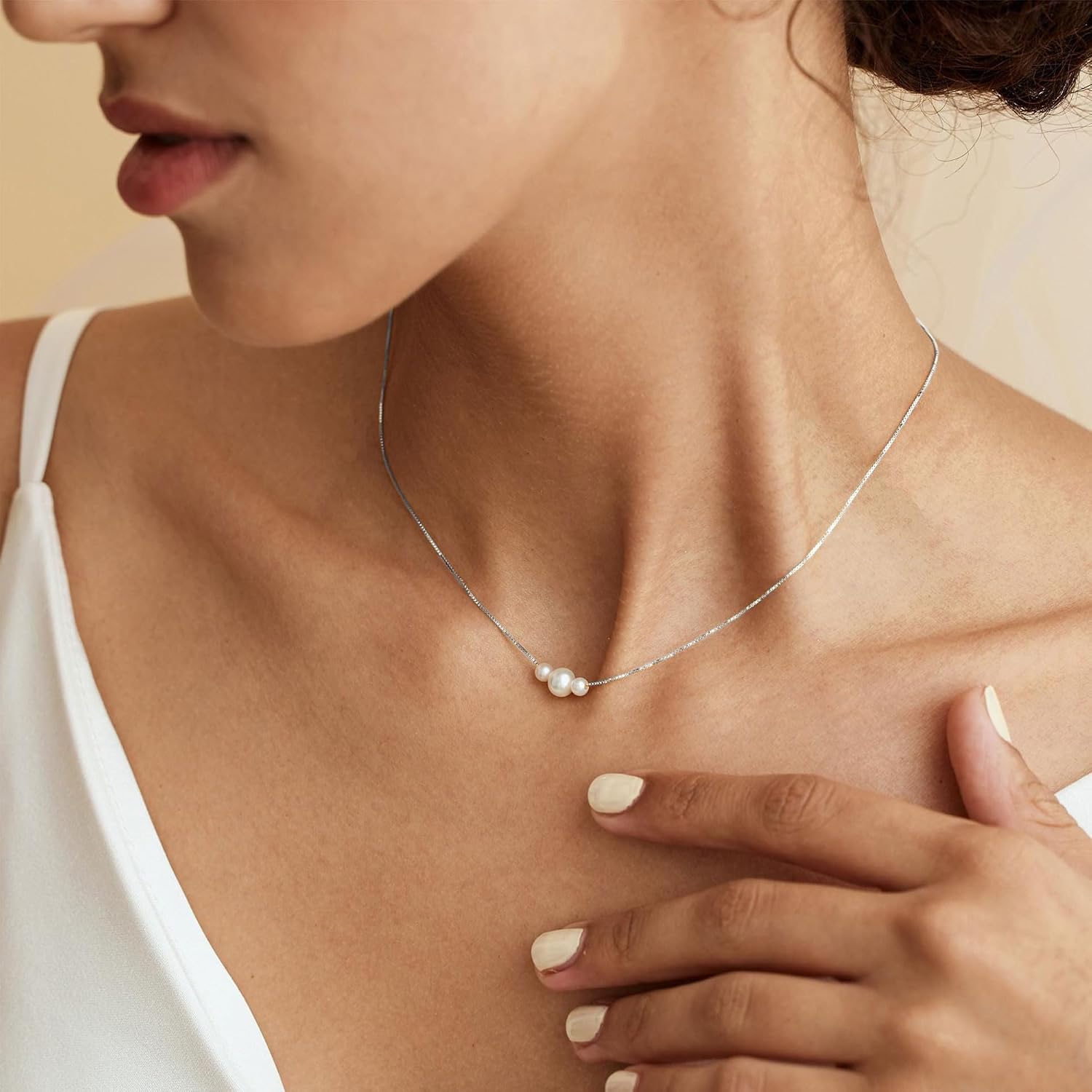 Women's Pearl Necklace, Waterproof 18 K Gold/Silver Gold-Plated Pearl Necklace and Pearl Earrings Set with Pearl Bracelet, Adjustable Bridal Jewellery, Gold Necklace for Women, Ladies Jewellery – Bild 3