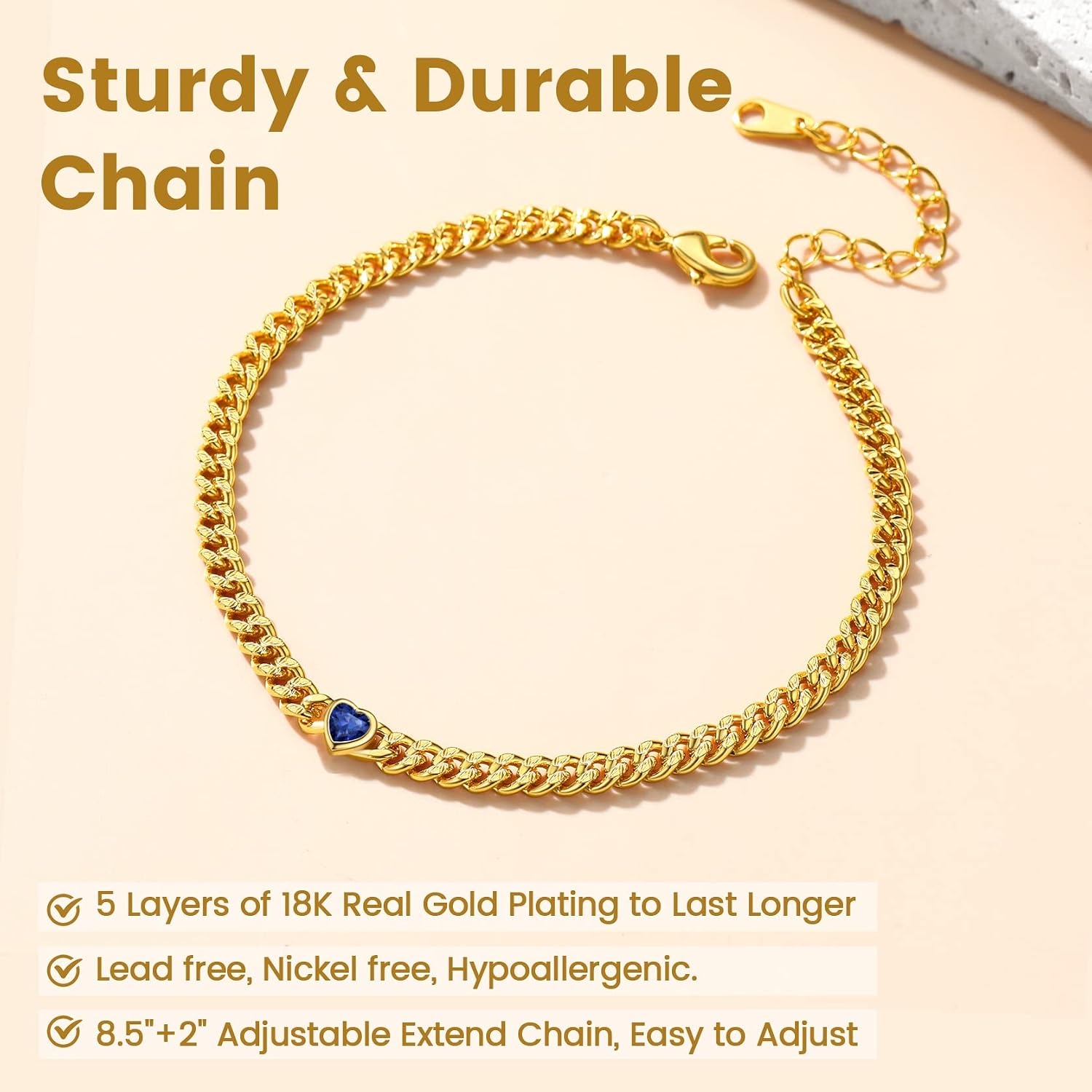 GoldChic Anklet Women's Gold Anklet for Women Girls 4 mm Wide Classic Curb Chain Anklet Bracelet Zirconia Anklet 22 cm + 5 cm Adjustable Summer Beach Foot Jewellery – Bild 4