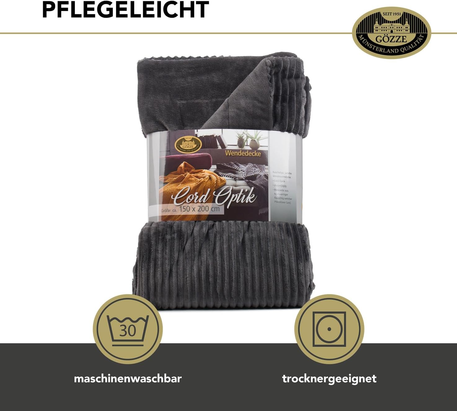 Gözze Blanket Corduroy Look, Polyester, charcoal, 57 x 38 x 15 cm – Bild 4