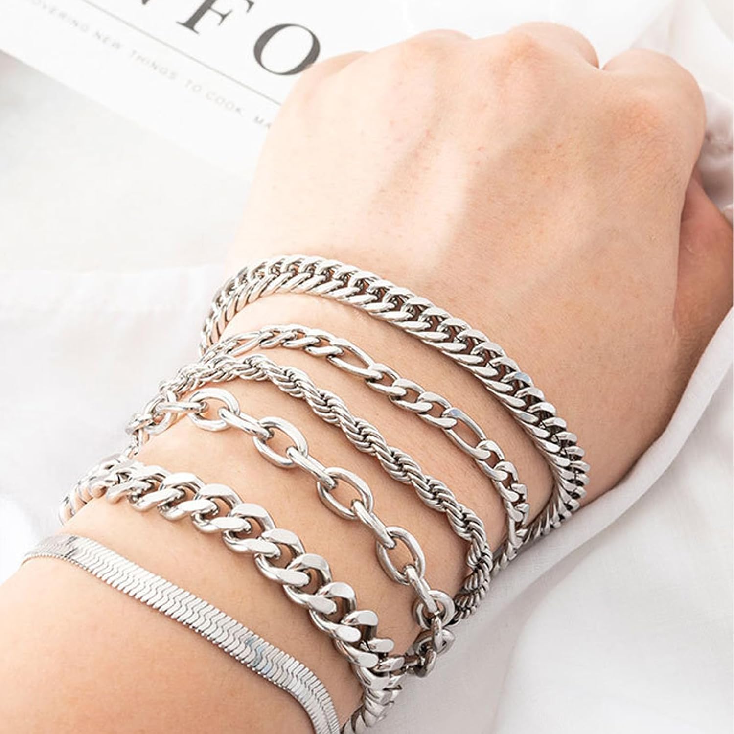 6 Pieces Silver Men's Bracelet Curb Chain, Men's Bracelets for Men Cuban Figaro, Cuban Men's Bracelet Jewellery Set, Jewellery Gifts for Dad, Boyfriend, Husband, Son, Length 22 cm – Bild 5