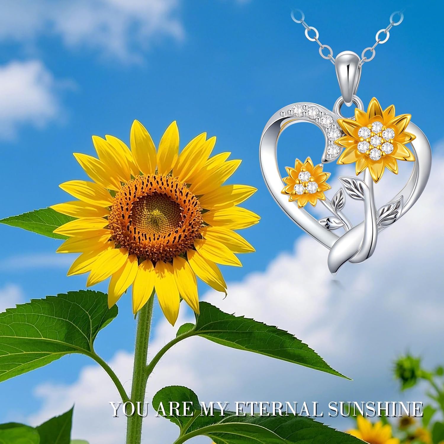 375/9K Real Gold Heart Necklace for Women, White/Yellow Gold Natural Diamonds Sunflower Pendant | You are my Sunshine, Elegant Jewellery, Anniversary, Birthday Gift for Wife Girlfriend – Bild 5