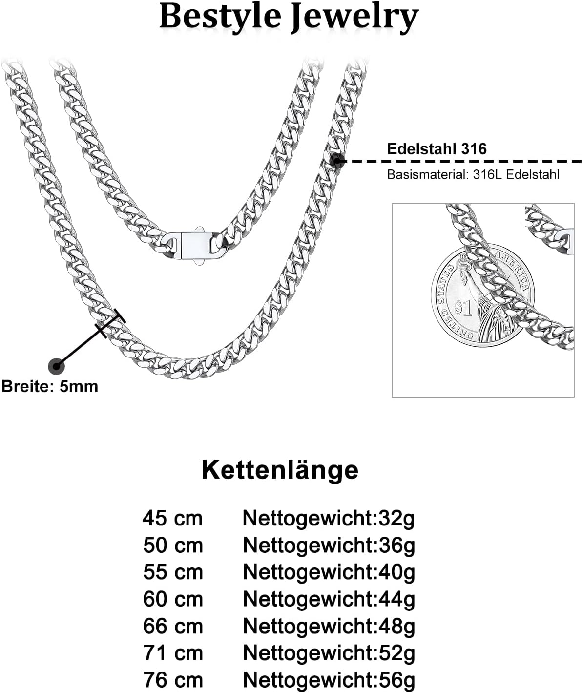 Bestyle Miami Curb Chain Stainless Steel Width 5/7/9/12 mm Cuban Chain Length 45/50/55/60/65/71/76 cm – Bild 4