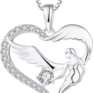 FJ Heart Guardian Angel Necklace Women's 925 Sterling Silver Angel Wings Chain Pendant Birthstone Zirconia Necklace Jewellery Gifts for Women Girls