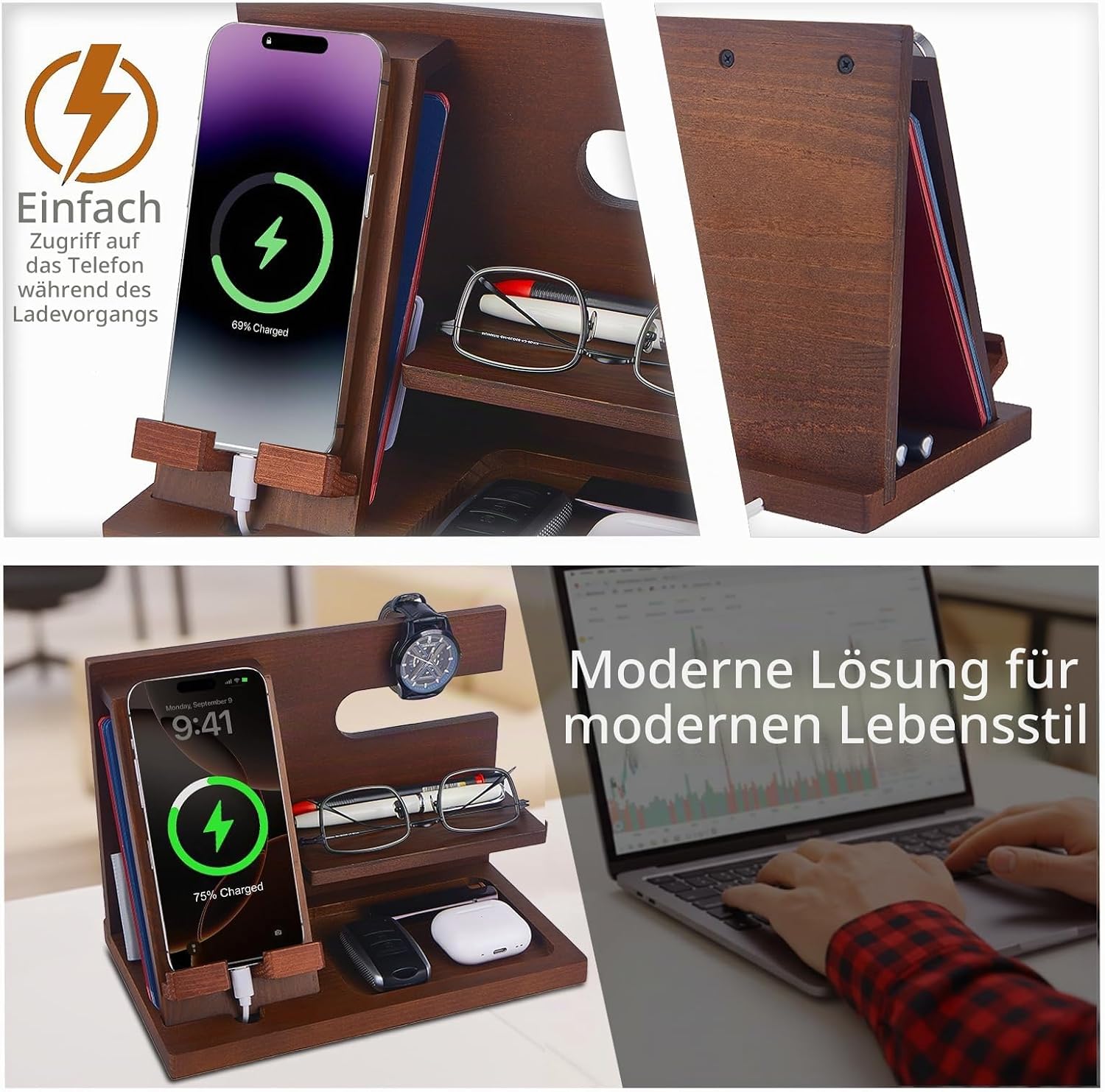 Gifts for Men Christmas Wooden Phone Docking Station Desk Organiser Father Gifts Anniversary Birthday Gifts for Him Christmas Gifts for Men Bedside Table Keys – Bild 3