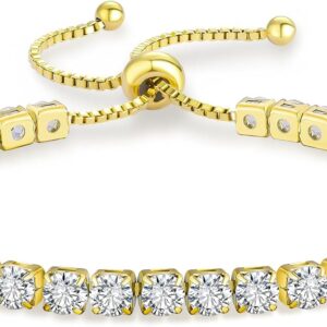KRKC Women's Adjustable Tennis Bracelet, 2/3/4/5 mm Width, 316L Stainless Steel White Gold / 14K Yellow Gold, High-Quality Cubic Zirconia Bracelet with Fineness, Gift for Girlfriend and Mother