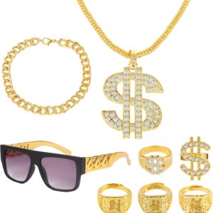 8 Piece Costume, Hip Hop Rapper Set – Gold Chain with Dollar, Dollar Rings, Sunglasses, Bracelet, 80s 90s Gangster Gang Outfit Men for Carnival, Theme Party