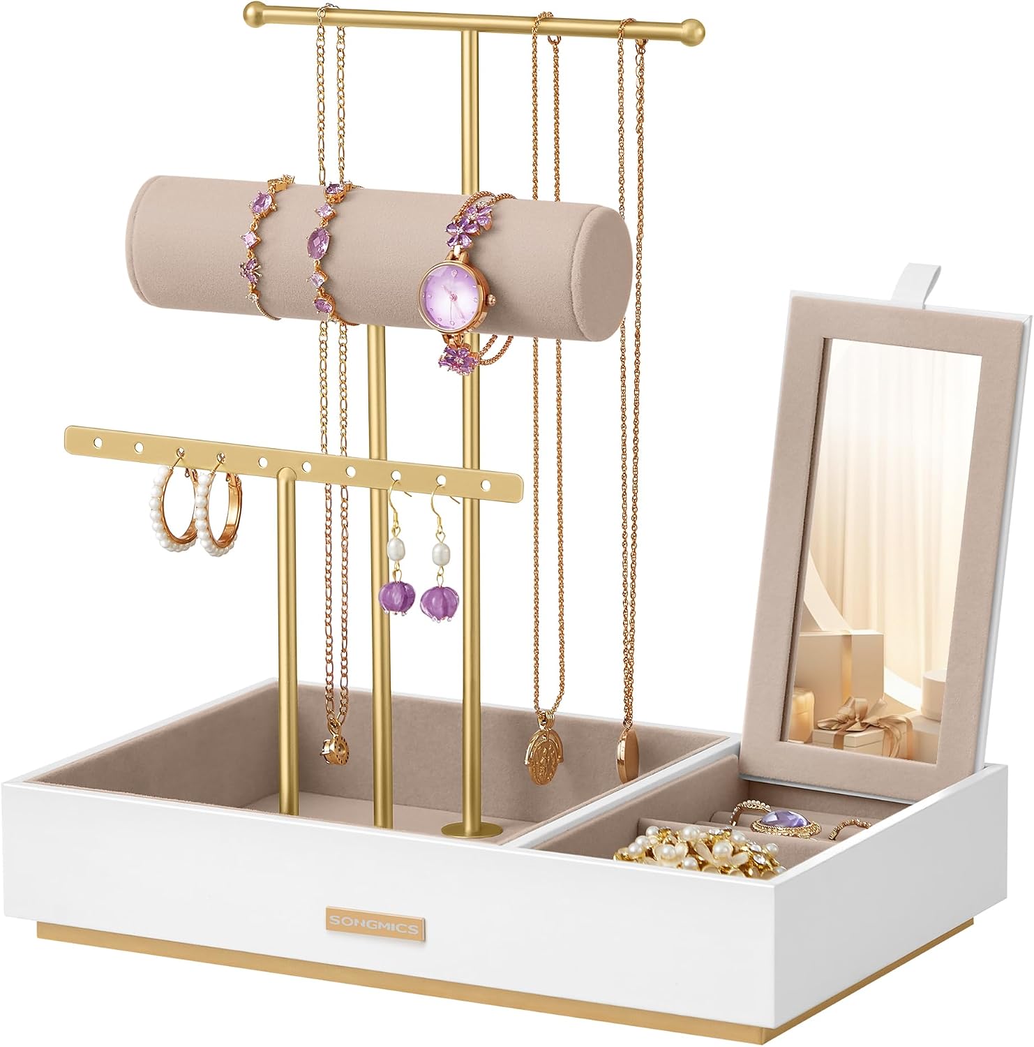 Songmics Jewellery Organiser with 3 Levels, Velvet Jewellery Stand