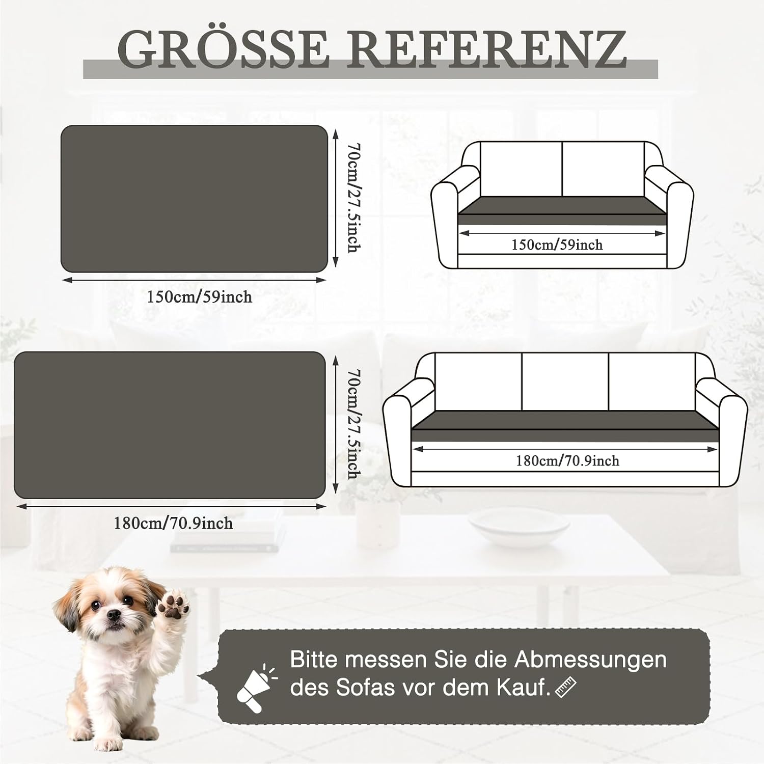 Thick Soft Sofa Cover Washable, Non-Slip Furniture Protector for 2 3 4 Seater Versatile Sofa Blanket for Dogs Cats Children, Universal Sofa Throw for Living Room, Grey 70 x 150 cm, 1 Piece – Bild 2